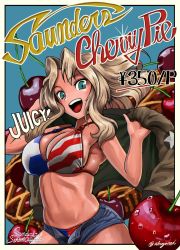 Rule 34 | 10s, 1girl, abazu-red, american flag bikini, artist name, bikini, bikini under clothes, blonde hair, blue eyes, blue shorts, breasts, brown jacket, cherry, cleavage, cowboy shot, cursive, denim, denim shorts, emblem, english text, flag print, food, fruit, girls und panzer, hair intakes, highres, holding, holding clothes, holding jacket, jacket, kay (girls und panzer), large breasts, long hair, looking at viewer, open fly, oversized object, saunders military uniform, short shorts, shorts, signature, solo, standing, star (symbol), swimsuit, swimsuit under clothes, twitter username, upper body