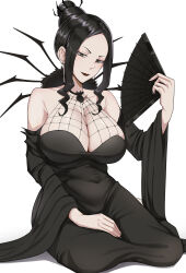 Rule 34 | 1girl, absurdres, arachne gorgon, arthropod girl, black dress, black eyes, black hair, black lips, black sleeves, breasts, cleavage, collarbone, commission, covered navel, detached sleeves, dress, earrings, hair bun, hand fan, highres, holding, holding fan, insect girl, jewelry, large breasts, mature female, mchiefy, paper fan, pixiv commission, short hair with long locks, sleeveless, sleeveless dress, solo, soul eater, spider girl