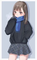 Rule 34 | 1girl, :o, aohoshi non, black jacket, blue scarf, blush, braid, braided bangs, breath, brown eyes, brown hair, commentary request, drop shadow, fringe trim, grey background, grey skirt, hand in pocket, highres, jacket, long hair, long sleeves, looking at viewer, original, parted lips, pleated skirt, puffy long sleeves, puffy sleeves, scarf, skirt, sleeves past fingers, sleeves past wrists, solo, standing, two-tone background