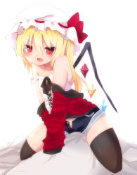 Rule 34 | 1girl, absurdres, bad id, bad pixiv id, black thighhighs, blonde hair, blush, bow, fang, flandre scarlet, hat, hat bow, highres, looking at viewer, mob cap, namekuji (namekuzu), partially undressed, puffy sleeves, red eyes, sash, shirt, short sleeves, shorts, side ponytail, sitting, solo, thighhighs, touhou, unzipped, white background, wings