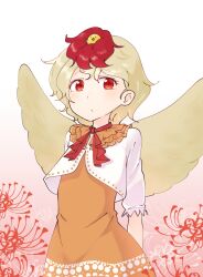 Rule 34 | 1girl, animal, animal on head, arms behind back, bird, bird on head, bird wings, blonde hair, chick, closed mouth, collared shirt, commentary request, cowboy shot, dress, flower, frilled shirt collar, frills, gradient background, highres, kanpa (campagne 9), light blush, looking at viewer, multicolored hair, neckerchief, niwatari kutaka, on head, orange dress, red eyes, red hair, red neckerchief, shirt, short hair, short sleeves, solo, spider lily, standing, touhou, two-tone hair, white shirt, wings
