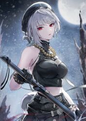 Rule 34 | 1girl, absurdres, bare shoulders, bead bracelet, bead necklace, beads, belt, beret, black shirt, black skirt, blurry, blurry background, bracelet, breasts, cleavage, crop top, grey hair, hat, high collar, highres, holding, holding sword, holding weapon, jewelry, large breasts, looking at viewer, marumoru, mole, mole under mouth, moon, necklace, red eyes, sanhua (wuthering waves), shirt, short hair, skirt, sleeveless, sleeveless shirt, solo, sword, weapon, wuthering waves