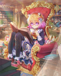 Rule 34 | 1girl, absurdres, animal ears, black pantyhose, blonde hair, blue dress, blurry, blurry foreground, book, book stack, bookshelf, borrowed character, bow, bowtie, cabinet, closed mouth, commentary request, cup, curtains, daikazoku63, day, depth of field, dress, flower, glasses, globe, gradient hair, hair ornament, high heels, highres, indoors, knees up, library, light rays, lolita fashion, long sleeves, looking at viewer, multicolored hair, open book, original, pantyhose, pink footwear, plant, pot, potted plant, purple eyes, purple hair, red-framed eyewear, short hair, sitting, smile, solo, teacup, throne, yellow bow, yellow bowtie