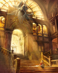 Rule 34 | 1girl, angel wings, architecture, black hair, cat, gears, headpat, indoors, kaitan, long hair, md5 mismatch, original, resolution mismatch, scenery, sitting, sitting on stairs, solo, source larger, stairs, statue, sunlight, window, wings