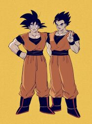 Rule 34 | arms behind back, black eyes, black hair, dragon ball, father and son, happy, highres, looking at viewer, muscular, muscular male, potential unleashed, side-by-side, smile, son gohan, son goku, spiked hair, tagme, ultimate gohan, v, yellow background