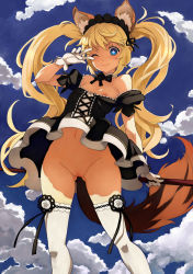 Rule 34 | &gt;;), + +, 1girl, absurdres, animal ears, black dress, blonde hair, blue eyes, blush, breasts, caee penguin, choker, cloud, day, dress, elin, female focus, flat chest, gloves, headdress, highres, long hair, looking at viewer, navel, nipple slip, nipples, no bra, no panties, one eye closed, outdoors, pussy, sky, small breasts, smile, solo, standing, strap slip, symbol-shaped pupils, tail, tera online, thighhighs, twintails, uncensored, upskirt, v, v-shaped eyebrows, v over eye, very long hair, white gloves, white thighhighs, wink, wolf ears, wolf tail