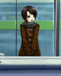 Rule 34 | 1girl, :o, blush, brown eyes, brown hair, building, chiko (kanhogo), chiko (kanhogo), coat, duffel coat, long sleeves, looking afar, looking to the side, open mouth, original, outdoors, plaid, plaid scarf, railing, scarf, solo, wall