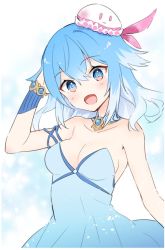 Rule 34 | 1girl, :3, bare shoulders, blue dress, blue eyes, blue hair, breasts, collarbone, commentary, dress, fang, haiyi, hand in own hair, hand up, jellyfish hair ornament, jewelry, looking at viewer, medium breasts, medium hair, minahoshi taichi, necklace, open mouth, skin fang, sleeveless, sleeveless dress, smile, solid oval eyes, solo, strapless, strapless dress, synthesizer v, upper body, wristband