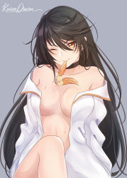 Rule 34 | 1girl, ;), absurdres, arms behind back, black choker, black hair, breasts, choker, cleavage, collarbone, crossed legs, hair between eyes, highres, kaiserdracon, long hair, medium breasts, mouth hold, naked shirt, one eye closed, open clothes, open shirt, shirt, signature, sitting, smile, solo, swept bangs, tales of (series), tales of berseria, velvet crowe, very long hair, white shirt, yellow eyes