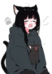 Rule 34 | 1girl, ahoge, animal ear fluff, animal ears, black cat, black hair, blunt bangs, blush, cat, cat ears, cat girl, cat tail, closed eyes, commentary request, emphasis lines, fangs, grey hoodie, highres, hood, hoodie, megateru, no nose, nose blush, open mouth, original, oversized clothes, partial commentary, paw print, sitting, sleeves past wrists, solo, tail, tearing up, yawning