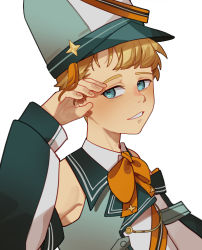 Rule 34 | 1boy, aqua eyes, band uniform, blonde hair, bow, bowtie, commentary, detached sleeves, genderswap, genderswap (ftm), hat, highres, multicolored hair, one side up, pengin pina, penguin boy, prism project, shako cap, short hair, simple background, two-tone hair, virtual youtuber, white background, xrez
