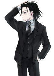 Rule 34 | 1boy, alternate costume, alternate hairstyle, feitan portor, formal, hair slicked back, hand in pocket, hand on own head, highres, hunter x hunter, male focus, necktie, purple eyes, shiroabe, simple background, solo, suit, white background