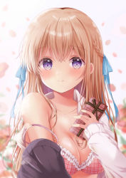 Rule 34 | 1girl, blue ribbon, blush, box, bra, braid, breasts, brown hair, cleavage, clothes pull, commentary request, frills, gift, gift box, hair ribbon, half updo, hand up, highres, holding, holding gift, large breasts, long sleeves, looking at viewer, off shoulder, original, outstretched arm, partially undressed, petals, plaid, plaid bra, purple eyes, red bra, ribbon, sakura (ichisakupink), shirt, sleeves past wrists, smile, solo, strap slip, sweater, sweater pull, underwear, upper body, white shirt