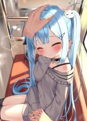 Rule 34 | 1girl, black thighhighs, blue hair, blush, closed eyes, closed mouth, disembodied hand, ear piercing, facing viewer, grey shirt, hair ornament, hairclip, hand up, headpat, heart, highres, holding hands, interlocked fingers, long hair, long sleeves, off shoulder, original, parted lips, piercing, rabbit hair ornament, shirt, signature, sitting, sleeves past wrists, solo focus, thighhighs, train interior, tsukiman, twintails, very long hair