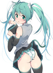 Rule 34 | 1girl, animal ears, ass, bare shoulders, black skirt, black sleeves, black thighhighs, blouse, blush, cat ears, cat girl, cat tail, cowboy shot, crotch seam, detached sleeves, from behind, furuyama itaru, green eyes, green hair, grey shirt, hatsune miku, highres, long hair, number tattoo, panties, paw pose, paw print, pleated skirt, shirt, simple background, skirt, sleeveless, sleeveless shirt, solo, sweatdrop, tail, tattoo, thighhighs, twintails, underwear, very long hair, vocaloid, white background