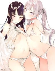 Rule 34 | 2girls, asymmetrical docking, bikini, black hair, black ribbon, blush, breast press, choker, closed mouth, commentary request, cowboy shot, flat chest, hair ribbon, long hair, looking at viewer, multiple girls, navel, original, parted lips, purple eyes, ribbon, see-through, shunsei (muratou), sidelocks, silver hair, simple background, smile, sweat, swimsuit, take your pick, tsurime, twintails, twitter username, white background, white bikini
