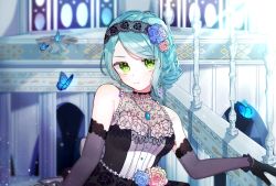 Rule 34 | 1girl, aqua hair, bang dream!, bare shoulders, black dress, black gloves, blue flower, blue rose, blush, breasts, bug, butterfly, closed mouth, commentary request, damaged, detached sleeves, dress, floral print, flower, gloves, green eyes, head tilt, highres, hikawa sayo, insect, jewelry, long sleeves, looking at viewer, necklace, patzzi, pearl necklace, pendant, pink flower, pink rose, rose, rose print, see-through, sleeveless, sleeveless dress, small breasts, solo, sparkle, swept bangs
