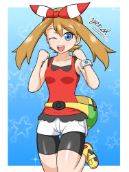Rule 34 | 1girl, armpits, artist name, bag, bare shoulders, bike shorts, blue background, blue eyes, bow, brown hair, child, clenched hand, collarbone, creatures (company), excited, female focus, game freak, gen 6 pokemon, hair bow, hair ornament, hair ribbon, happy, leg up, legs, looking at viewer, may (pokemon), may (pokemon oras), medium hair, neck, nintendo, one eye closed, open mouth, pokemon, pokemon oras, red bow, red ribbon, red shirt, ribbon, shiny skin, shirt, shoes, short shorts, shorts, sleeveless, sleeveless shirt, sneakers, star (symbol), starry background, thighs, wink, wristband, yellow footwear, yensh