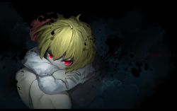 Rule 34 | 1girl, absurdres, ahoge, black vest, blonde hair, blue background, curled up, glowing, glowing eyes, hair ornament, highres, letterboxed, long sleeves, looking at viewer, niwarhythm, red eyes, rumia, shirt, sitting, solo, touhou, vest, white shirt