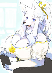 Rule 34 | 1girl, animal ears, blue eyes, blush, body fur, bone hair ornament, breasts, cleavage, clipboard, commentary request, fang, fox, fox ears, fox girl, fox tail, furry, furry female, hair ornament, hair ribbon, holding, holding clipboard, holding pen, huge breasts, jewelry, kishibe, long hair, looking at viewer, open mouth, original, pen, ponytail, ribbon, ring, snout, solo, tail, upper body, white fur, white hair, yellow ribbon