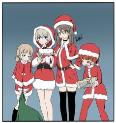 Rule 34 | 4girls, aki (girls und panzer), angry, belt, black belt, black border, black socks, black thighhighs, blue eyes, blunt bangs, border, box, brown eyes, brown hair, cake, capelet, christmas, closed mouth, coat, commentary, cup, dress, english text, finnish text, food, food on face, frown, fur-trimmed capelet, fur-trimmed coat, fur-trimmed dress, fur trim, girls und panzer, glaring, green eyes, grey background, grey hair, grin, guropara, hair tie, half-closed eyes, hat, holding, holding box, holding cup, holding plate, holding sack, hood, hood up, hooded dress, kneehighs, light brown hair, long hair, long sleeves, looking at another, looking at viewer, low twintails, merry christmas, mika (girls und panzer), mikko (girls und panzer), multiple girls, plate, red capelet, red coat, red eyes, red hair, red headwear, sack, santa costume, santa dress, santa hat, short dress, short hair, short twintails, smile, smirk, socks, standing, sweat, sweatdrop, textless version, thighhighs, twintails, youko (girls und panzer)