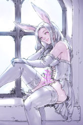 Rule 34 | aian, animal ears, blush, rabbit ears, censored, erection, long hair, newhalf, original, penis, red eyes, silver hair, skirt, smile, solo, thighhighs, window