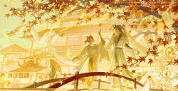 Rule 34 | 2boys, animal ears, architecture, autumn, autumn leaves, black choker, black hair, black horns, blue headwear, blue sky, bridge, brown eyes, brown hair, cat ears, chinese clothes, choker, commentary, commission, commissioner name, day, deviantart username, dragon, east asian architecture, eastern dragon, english commentary, english text, falling leaves, flower, grin, hair flower, hair ornament, hat, horns, jewelry, kuwagatata, leaf, long hair, long sleeves, looking at another, male focus, multiple boys, necklace, original, outdoors, outstretched hand, people, red ribbon, ribbon, robe, short hair, short ponytail, sky, sleeves past elbows, smile, straw hat, talking, twitter username, white flower, white robe, white sleeves, white veil, wide sleeves
