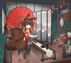 Rule 34 | 1girl, absurdres, amagi-chan (azur lane), animal ears, azur lane, bare shoulders, black pantyhose, branch, brown hair, brown tail, cherry blossoms, fox ears, fox tail, from side, highres, holding, holding umbrella, indoors, kitsune, kneeling, multiple tails, oil-paper umbrella, pantyhose, purple eyes, solo, tail, tang (2455), thick eyebrows, umbrella, vase, wooden floor