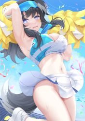 Rule 34 | 1girl, absurdres, animal ears, arm up, armpits, bare shoulders, black hair, blue archive, blue eyes, blue sky, blush, breasts, cheerleader, confetti, day, dog ears, dog girl, dog tail, eyewear on head, goggles, goggles on head, halo, hibiki (blue archive), hibiki (cheer squad) (blue archive), highres, holding, holding pom poms, large breasts, long hair, looking at viewer, millennium cheerleader outfit (blue archive), miniskirt, navel, no panties, official alternate costume, open mouth, pom pom (cheerleading), pom poms, skirt, sky, sleeveless, solo, star sticker, sticker on face, strelka belca, sweat, tail, thighs, white skirt, wind, wind lift