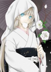 Rule 34 | 1059, 1girl, absurdres, blonde hair, blue eyes, flower, highres, holding, holding umbrella, japanese clothes, kimono, long hair, looking at viewer, mouth hold, oil-paper umbrella, solo, uchikake, umbrella