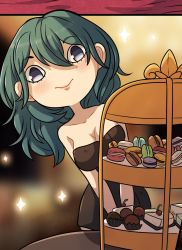 Rule 34 | 1girl, blush, breasts, byleth (female) (fire emblem), byleth (fire emblem), cake, cake slice, cherry, chibi, cleavage, collarbone, cupcake, fire emblem, fire emblem: three houses, food, fruit, green hair, grey eyes, highres, kinkymation, looking at viewer, macaron, nintendo, smile, solo, sparkle, table, tiered tray