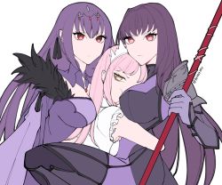 Rule 34 | 3girls, bad id, bad twitter id, between breasts, bodysuit, breasts, closed mouth, commentary, english commentary, fate/grand order, fate (series), frown, girl sandwich, head between breasts, headpiece, holding, holding polearm, holding spear, holding weapon, hug, kyou (ningiou), long hair, looking at viewer, medb (fate), multiple girls, pink hair, polearm, pout, purple hair, red eyes, sandwiched, scathach (fate), scathach skadi (fate), simple background, spear, tiara, weapon, white background, yellow eyes, yuri