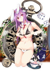 Rule 34 | 2girls, :3, ace (playing card), ace of spades, animal ears, bare arms, bare shoulders, between breasts, black bow, black bra, black hair, blush, bow, bow panties, bra, breasts, card, club (shape), commentary request, cup, detached collar, diamond (shape), dice, dress, hair between eyes, hair bow, hands on own chest, head tilt, highres, in container, in cup, inaba tewi, kneeling, large breasts, long hair, looking at viewer, mini person, minigirl, multiple girls, navel, necktie, necktie between breasts, o o, panties, parted lips, person between breasts, pink dress, pink eyes, plant, plate, playing card, pocket watch, purple hair, rabbit ears, red neckwear, reisen udongein inaba, short hair, spade (shape), stomach, teacup, teapot, tears, tetsurou (fe+), thighs, touhou, underwear, underwear only, very long hair, watch, white background, white panties, wing collar, wrist cuffs