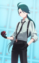 Rule 34 | 1girl, ahoge, black gloves, black necktie, black pants, bright pupils, closed mouth, collared shirt, commentary request, cowboy shot, creatures (company), daifuku (tkja3555), earrings, eyelashes, game freak, gloves, green hair, hand in pocket, highres, holding, holding poke ball, jewelry, long hair, necktie, nintendo, pants, poke ball, poke ball (basic), pokemon, pokemon sv, ponytail, red eyes, rika (pokemon), shirt, solo, suspenders, white pupils