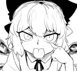 Rule 34 | 1girl, :p, akanbe, bow, cirno, eyelid pull, greyscale, hair bow, ice, ice wings, monochrome, short hair, sketch, solo, spacezin, tongue, tongue out, touhou, wings