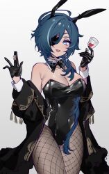 Rule 34 | 1girl, alcohol, animal ears, antenna hair, bare shoulders, black bow, black bowtie, black coat, black gloves, black hairband, black leotard, blue eyes, blue hair, blush, bow, bowtie, breasts, chinese commentary, cleavage, coat, coin, collarbone, commentary request, covered navel, cowboy shot, cup, dark-skinned female, dark skin, detached collar, drinking glass, earrings, eyelashes, eyepatch, fake animal ears, fishnet pantyhose, fishnets, genderswap, genderswap (mtf), genshin impact, gloves, grey background, hair over shoulder, hairband, hands up, highres, holding, holding cup, jewelry, kaeya (genshin impact), lapels, large breasts, leotard, long hair, long sleeves, looking at viewer, low ponytail, mole, mole on breast, multicolored hair, off shoulder, omluguru, one eye covered, open clothes, open coat, open mouth, pantyhose, parted bangs, playboy bunny, ponytail, rabbit ears, sidelocks, simple background, single earring, skindentation, smile, solo, standing, star-shaped pupils, star (symbol), strapless, strapless leotard, streaked hair, swept bangs, symbol-shaped pupils, tassel, teeth, upper teeth only, very long hair, wine, wine glass, wing collar, wrist cuffs