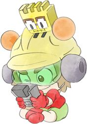 Rule 34 | 2boys, 9-volt, brown hair, child, fronk, game boy, gloves, green pants, handheld game console, helmet, lowres, multiple boys, nintendo, official art, one eye closed, pants, red gloves, sitting, smile, takeuchi kou, third-party source, warioware, warioware: get it together!