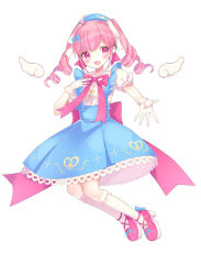Rule 34 | 1girl, :d, ahoge, angel wings, bow, child, dress, full body, gloves, hair bow, hair ornament, hat, highres, indie virtual youtuber, kneehighs, long hair, open mouth, otogino aria (artist), otogino aria (vtuber), outstretched hand, pink eyes, pink hair, smile, socks, solo, twintails, virtual youtuber, wings