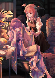 Rule 34 | 2girls, absurdres, bat wings, black skirt, black vest, blanket, book, bookshelf, closed mouth, covering with blanket, crescent, cup, demon girl, demon wings, dress shirt, closed eyes, floral print, flower, hat, head wings, highres, holding, holding blanket, holding book, koakuma, crossed legs, library, long hair, long sleeves, looking at another, mob cap, multiple girls, necktie, open book, patchouli knowledge, puffy sleeves, purple hair, purple neckwear, red eyes, red hair, red neckwear, shirt, shoes, sitting, skirt, sleeping, smile, table, teacup, touhou, vest, voile, white shirt, wide sleeves, wings, worini