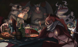 Rule 34 | 2girls, 5boys, :d, animal, axe, blugori, bottle, breasts, candle, cape, cleavage, cow, cup, domino (one piece), drinking glass, earrings, everyone, food, fork, hair over eyes, hannyabal, hat, horns, impel down, iridori, jewelry, knife, koala, large breasts, long hair, magellan, minokoala, minotaurus (one piece), monster, mug, multiple boys, multiple girls, necktie, one piece, open mouth, plate, sadi-chan, saldeath, sitting, smile, spoon, sunglasses, table, uniform, weapon, wine glass