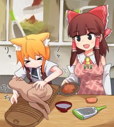 Rule 34 | &gt; &lt;, 2girls, ahoge, animal ears, apron, asymmetrical hair, black eyes, black neckwear, blonde hair, blunt bangs, blush, bow, bowl, breasts, brown hair, brown vest, carrot, carrot shirishiri, closed eyes, clothes writing, commentary request, cookie (touhou), detached sleeves, fox ears, fox girl, frilled bow, frilled hair tubes, frills, grater, hair bow, hair tubes, hakurei reimu, highres, holding, holding plate, looking at another, manatsu no yo no inmu, medium breasts, medium hair, miramikaru riran, miura meat, multiple girls, necktie, open mouth, pink apron, plate, red bow, red shirt, rice bowl, rurima (cookie), shirt, short sleeves, sidelocks, sleeveless, sleeveless shirt, smile, touhou, upper body, vest, washboard, white shirt, white sleeves, window, yan pai