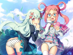 Rule 34 | 2girls, :d, :o, ass, blue eyes, blue sky, blush, bow, bow panties, cameltoe, capelet, center frills, chima q, clothes lift, cloud, commentary request, commission, cross print, day, eyes visible through hair, eyewear visible through hair, frilled capelet, frills, glasses, hair ornament, hair rings, hairclip, highres, juliet sleeves, leaning forward, light green hair, long hair, long sleeves, looking at viewer, multiple girls, open mouth, original, outdoors, panties, parted bangs, pink capelet, pink hair, pink legwear, plaid, plaid skirt, polka dot, polka dot panties, print panties, puffy sleeves, red-framed eyewear, red eyes, round eyewear, shirt, skeb commission, skirt, skirt lift, sky, smile, striped clothes, striped thighhighs, suspender skirt, suspenders, symbol-shaped pupils, thigh gap, thighhighs, twintails, underwear, vertical-striped clothes, vertical-striped thighhighs, very long hair, white legwear, white panties, white shirt, wind, wind lift, x-shaped pupils, x hair ornament