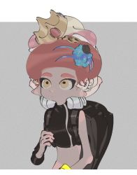 Rule 34 | 1boy, 1girl, afro, agent 8 (splatoon), asymmetrical sleeves, bad id, bad twitter id, black shirt, carrying, grey background, inkling, nintendo, octoling, octoling boy, octoling player character, ows28888888, pearl (splatoon), pointy ears, red hair, shirt, short hair, shoulder carry, simple background, splatoon (series), splatoon 2, splatoon 2: octo expansion, squidbeak splatoon, tag, tentacle hair, turtleneck, uneven sleeves, yellow eyes