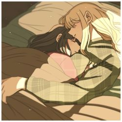 Rule 34 | 2girls, bed, black hair, blonde hair, closed mouth, commentary, commentary request, english commentary, eyes visible through hair, green shirt, hand on another&#039;s head, hoshizora no shita, hug, indoors, light particles, long hair, mixed-language commentary, multiple girls, original, pajamas, parted lips, pillow, pink shirt, plaid, plaid shirt, shirt, sleeping, sunlight, under covers, upper body, yuri