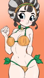 Rule 34 | 1girl, bikini, black hair, blush stickers, breasts, choker, collarbone, cowboy shot, facing viewer, hairband, highres, kina (zelda), large breasts, looking to the side, multicolored hair, navel, nervous smile, nintendo, orange background, pointy ears, smile, solo, swimsuit, teevo, the legend of zelda, the legend of zelda: skyward sword, thigh gap, twisted torso, two-tone hair, white hair, wide hips