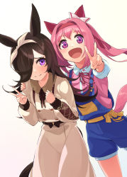 Rule 34 | 2girls, absurdres, animal ears, belt, bow, brown dress, brown hair, buttons, collared shirt, commentary request, dot nose, dress, ear bow, flower-shaped pupils, hair over one eye, hairband, hand on another&#039;s shoulder, haru urara (umamusume), highres, horse ears, horse girl, horse tail, hukahito, long sleeves, looking at viewer, multiple girls, open mouth, outstretched arm, overall shorts, overalls, pink hair, pink shirt, ponytail, rice shower (umamusume), shirt, simple background, smile, symbol-shaped pupils, tail, umamusume, v, white background