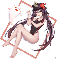 Rule 34 | 1girl, absurdres, black hair, black headwear, black one-piece swimsuit, commentary request, competition swimsuit, doraski, flower, full body, genshin impact, ghose, ghost, hat, hat flower, highleg, highleg swimsuit, highres, hu tao (genshin impact), long hair, looking at viewer, one-piece swimsuit, plum blossoms, red eyes, smile, star-shaped pupils, star (symbol), swimsuit, symbol-shaped pupils, twintails, white background