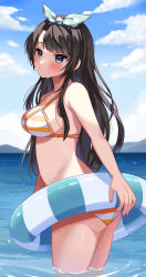 Rule 34 | 1girl, absurdres, alternate hair length, alternate hairstyle, ass, bikini, black hair, blue eyes, blue sky, blush, breasts, cleavage, cloud, cloudy sky, commentary request, cowboy shot, day, highres, hololive, innertube, long hair, looking at viewer, medium breasts, moonbell, ocean, official alternate costume, oozora subaru, oozora subaru (hololive summer 2019), orange bikini, parted bangs, parted lips, polka dot hairband, sky, solo, standing, striped bikini, striped clothes, swim ring, swimsuit, thighs, two-tone bikini, virtual youtuber, wading, wet, white bikini