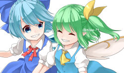 Rule 34 | 2girls, ascot, blue bow, blue dress, blue eyes, blue hair, blue skirt, blue vest, bow, buttons, cirno, closed eyes, collared shirt, daiyousei, dress, fairy wings, green hair, hair bow, ice, ice wings, large bow, looking at another, miyangoroge, multiple girls, neck ribbon, one side up, open mouth, pinafore dress, pointy ears, puffy short sleeves, puffy sleeves, red ribbon, ribbon, shirt, short sleeves, shoulder-to-shoulder, simple background, skirt, sleeveless, sleeveless dress, teeth, touhou, upper body, vest, white background, white shirt, wings, yellow ascot