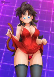 Rule 34 | 1girl, black hair, blue eyes, blush, breasts, clothes lift, commission, commissioner upload, dragon ball, dragon ball (object), dragon ball gt, dragon ball heroes, dragon ball super, dragon ball xenoverse, dragonball z, dress, dress lift, earrings, highres, jewelry, large breasts, long hair, messy hair, monkey tail, original, panties, purple background, red dress, red panties, saiyan, smile, tail, thighhighs, underwear, zel-sama, zou (oc)